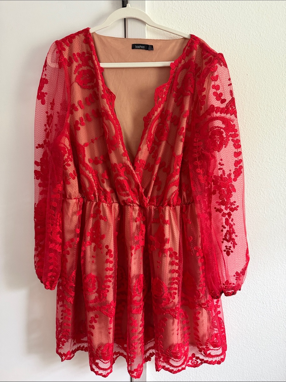 Boohoo Red Lace Plunge Long-Sleeve Slip Dress